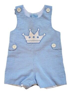 Little Prince Blue Seersucker Crown Applique Jon Jon Romper Baby Boys 0-6 Months